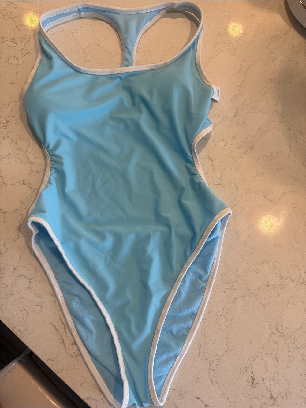 Women’s Wild Fable Light Blue One-Piece Swimsuit with White Trim Small (4-6)